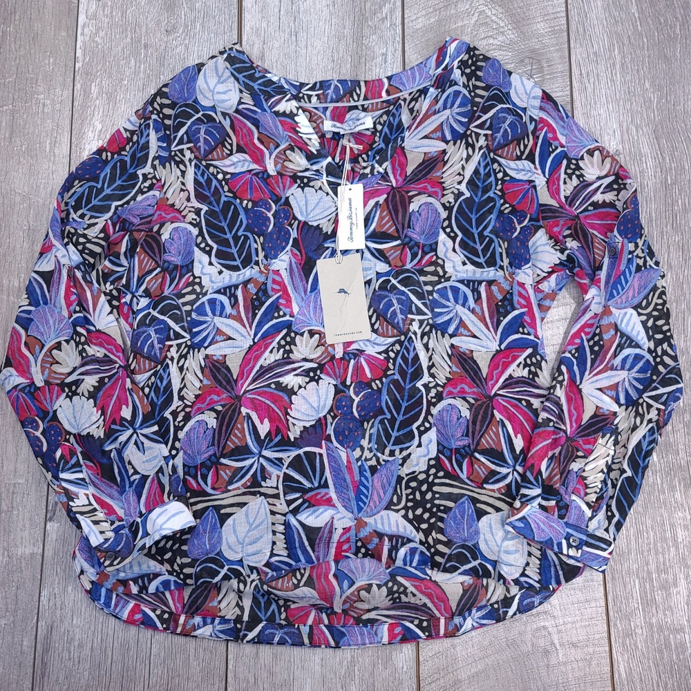 Tommy Bahama Blouse Womens Large Cactus to Clouds Tropical 3/4 Sleeve Top